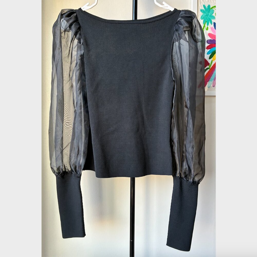 Alice + Olivia NWT Black Abella Sheer Puff-Sleeve Top - Size M - Picture 6 of 13